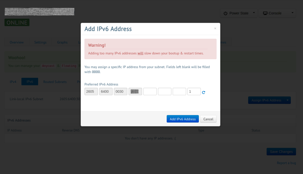 Stallion > Networking > IPv6 > Assign IPv6 Address